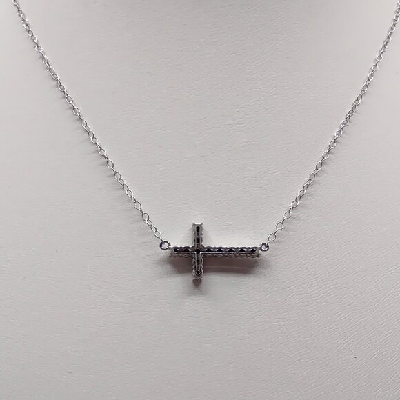 Sterling Silver 925 Necklace Cross Sparkly Sideways Affixed to 16" SS Chain - Picture 7 of 8